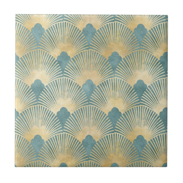 Beautiful fan pattern,teal gold,Art Deco pattern,c Tile (Front)