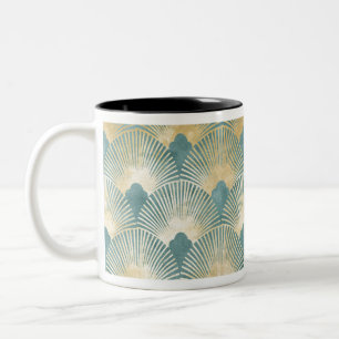 Beautiful fan pattern,teal gold,Art Deco pattern Two-Tone Coffee Mug