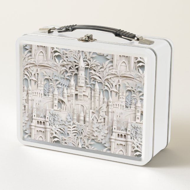 Beautiful Fantasy Castle Unique White Design Metal Lunch Box (Front)