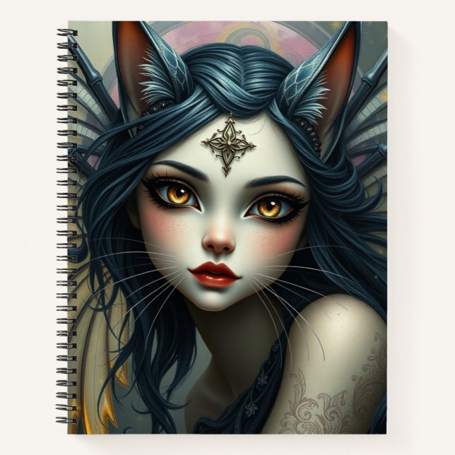 Beautiful Fantasy Cat Fairy Art Notebook (Front)
