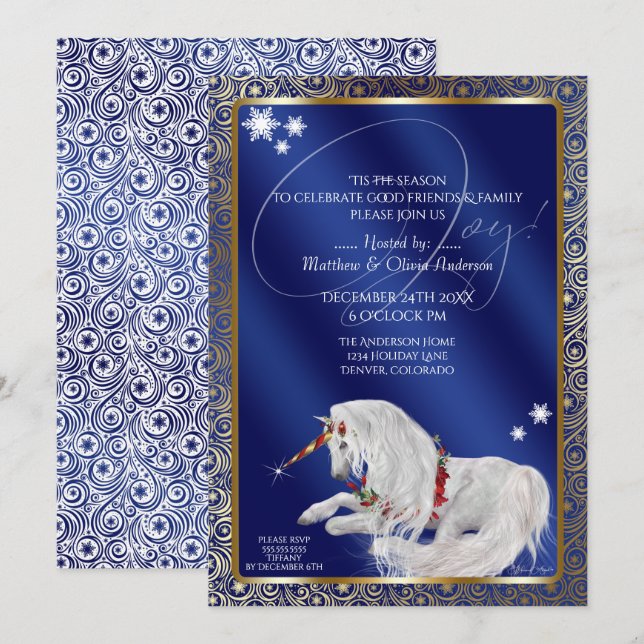 Beautiful Fantasy Christmas Unicorn Joy Blue Invitation (Front/Back)