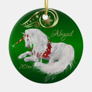 Beautiful Fantasy Christmas Unicorn Joy  Green Ceramic Tree Decoration