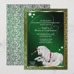 Beautiful Fantasy Christmas Unicorn Joy Green Invitation
