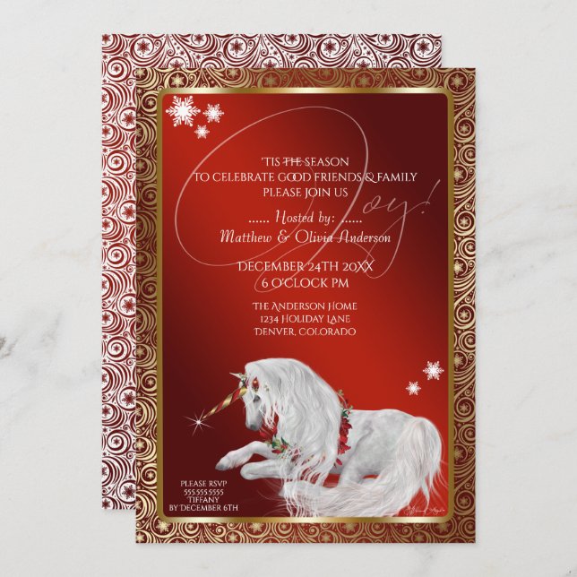 Beautiful Fantasy Christmas Unicorn Joy Invitation (Front/Back)