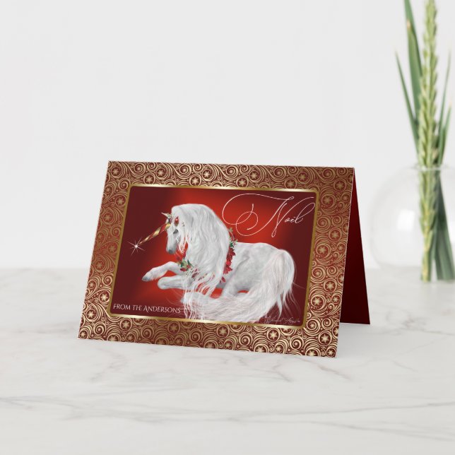 Beautiful Fantasy Christmas Unicorn Noel Holiday Card (Front)