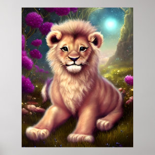 Beautiful Fantasy Cute Kawaii Lion Cub Poster