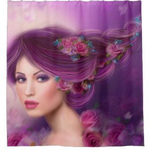 beautiful Fantasy fairy with purple flowers Shower Curtain