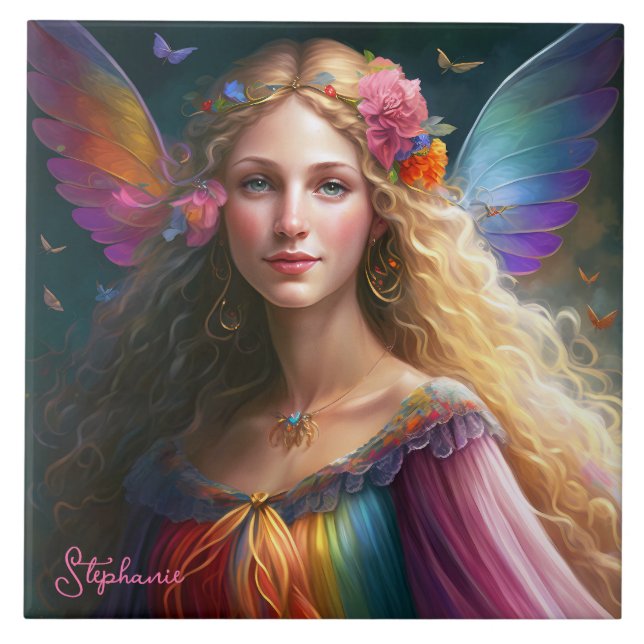 Beautiful Fantasy Rainbow Fairy Princess Tile (Front)