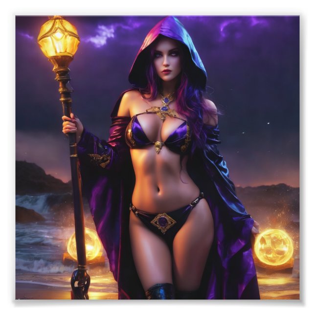 Beautiful Fantasy Warlock with Sceptre Babe Photo Print (Front)