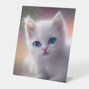 Beautiful Fantasy White Fluffy Cat Pedestal Sign