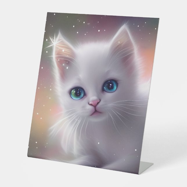 Beautiful Fantasy White Fluffy Cat  Pedestal Sign (Front)