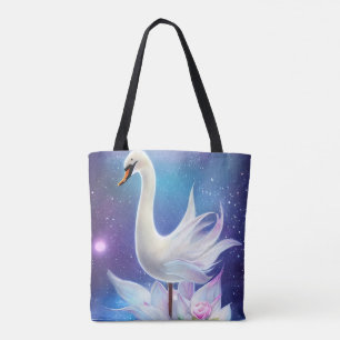 Beautiful Fantasy White Swan with Flowers Tote Bag