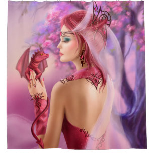Beautiful fantasy woman queen and red dragon shower curtain