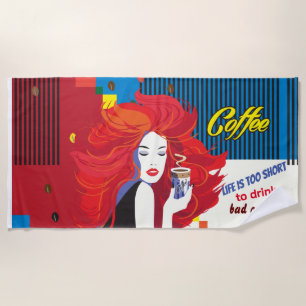 "Beautiful Fashion Woman and Coffee Cup" POP-ART Beach Towel