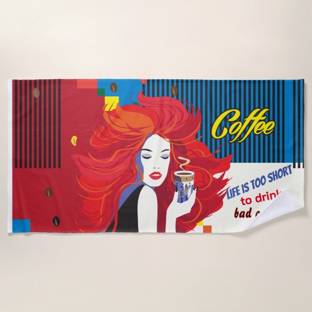 "Beautiful Fashion Woman and Coffee Cup" POP-ART Beach Towel (Front)