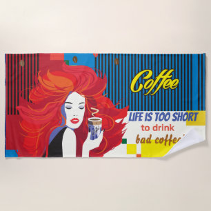 "Beautiful Fashion Woman and Coffee Cup" POP-ART Beach Towel