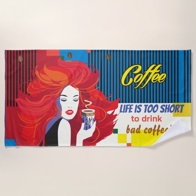"Beautiful Fashion Woman and Coffee Cup" POP-ART Beach Towel (Front)