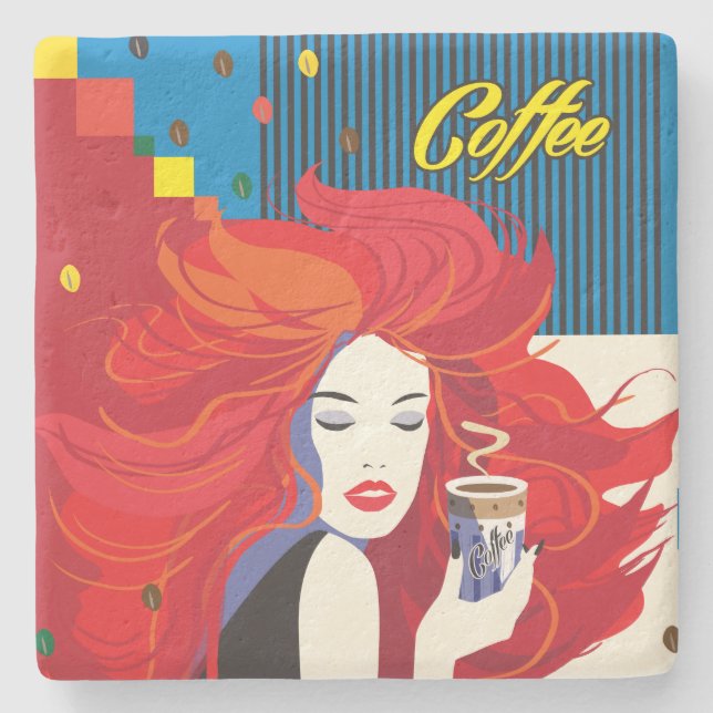 Beautiful Fashion Woman with Coffee Cup Limestone Stone Coaster (Front)