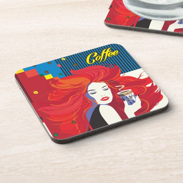 "Beautiful Fashion Woman with Coffee Cup" Pop Art Coaster (Left Side)
