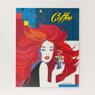 "Beautiful Fashion Woman with Coffee Cup" Pop Art Jigsaw Puzzle