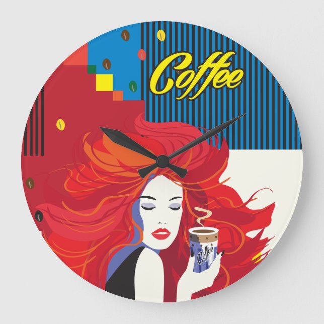"Beautiful Fashion Woman with Coffee Cup" Pop Art Large Clock (Front)