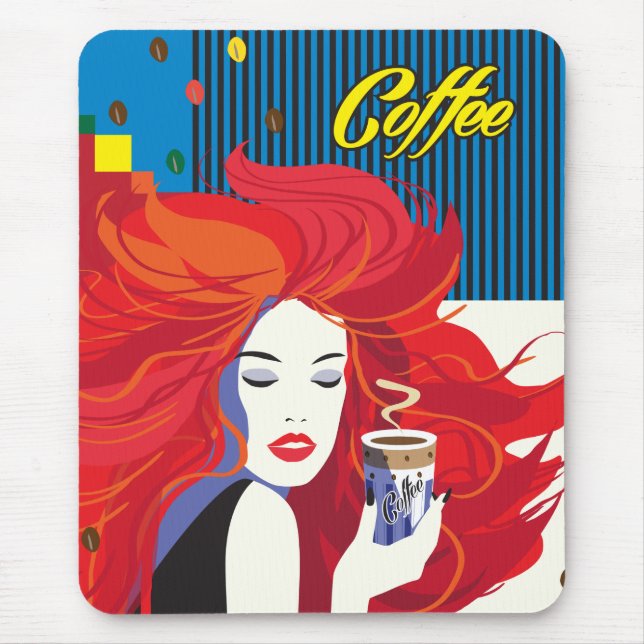 "Beautiful Fashion Woman with Coffee Cup" Pop Art Mouse Mat (Front)