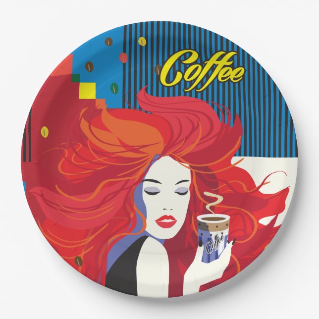 "Beautiful Fashion Woman with Coffee Cup" Pop Art Paper Plate (Front)