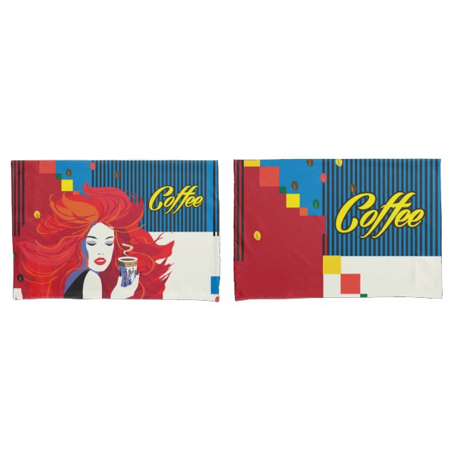 "Beautiful Fashion Woman with Coffee Cup" Pop Art Pillowcase (Front-Set)