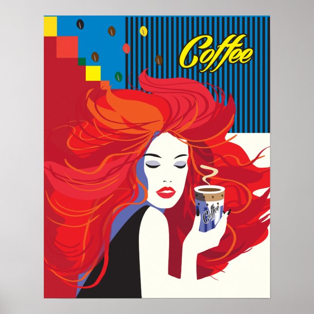 "Beautiful Fashion Woman with Coffee Cup" Pop Art Poster (Front)