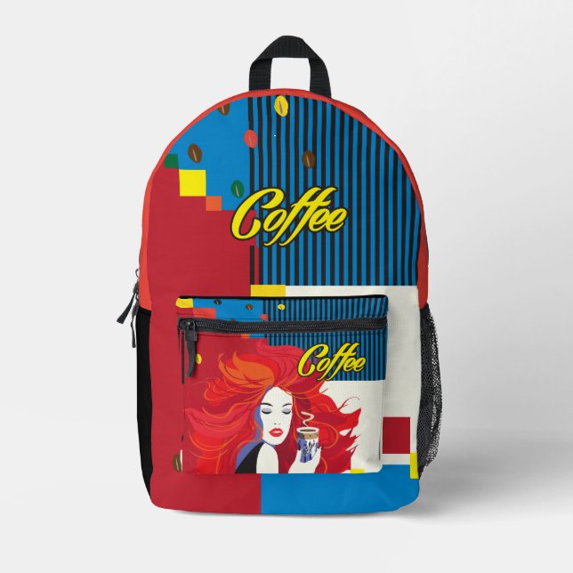 "Beautiful Fashion Woman with Coffee Cup" Pop Art Printed Backpack (Front)