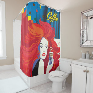 "Beautiful Fashion Woman with Coffee Cup" Pop Art Shower Curtain