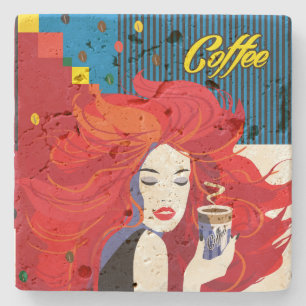 "Beautiful Fashion Woman with Coffee Cup" Pop Art Stone Coaster