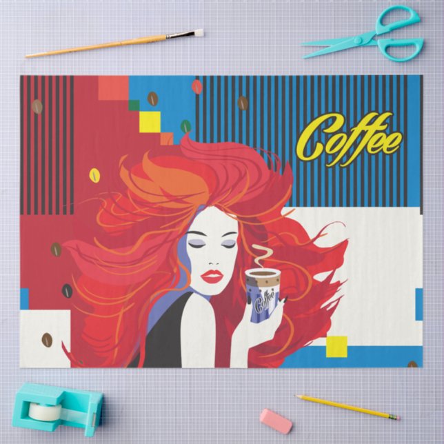"Beautiful Fashion Woman with Coffee Cup" Pop Art Tissue Paper (Craft)