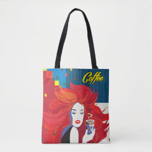 "Beautiful Fashion Woman with Coffee Cup" Pop Art Tote Bag