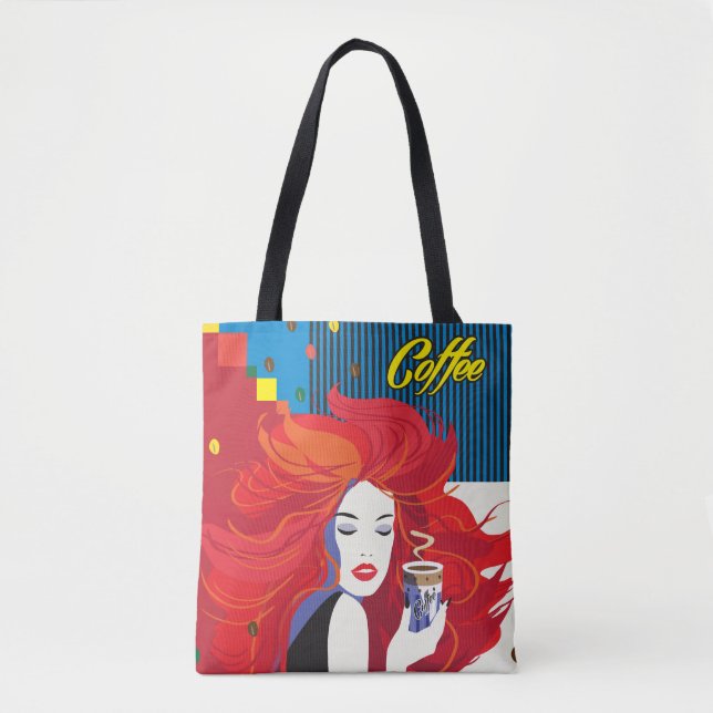 "Beautiful Fashion Woman with Coffee Cup" Pop Art Tote Bag (Front)