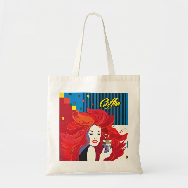 "Beautiful Fashion Woman with Coffee Cup" Pop Art Tote Bag (Front)