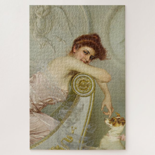 Beautiful Fashionable Lady Teasing Her Puppy Dog Jigsaw Puzzle (Vertical)