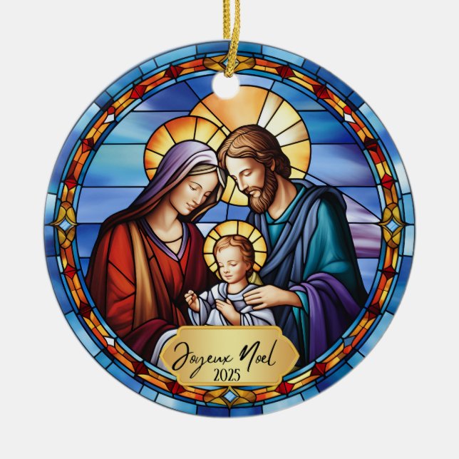 Beautiful Faux Stained Glass Joyeux Noel Jesus Ceramic Tree Decoration (Front)