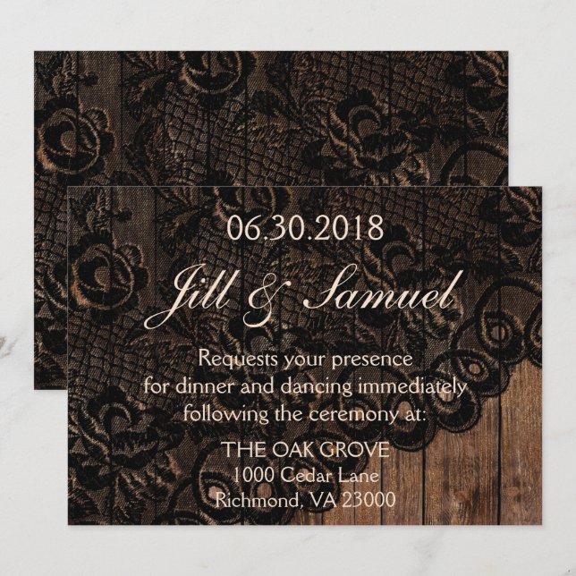 Beautiful Faux Wood and Lace Wedding Reception Invitation (Front/Back)