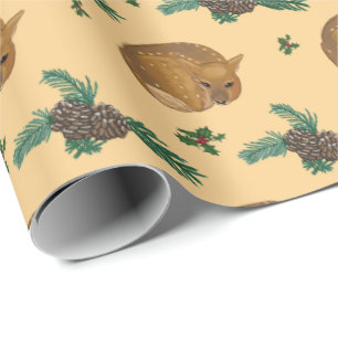 Beautiful fawn with delicate branches of forest wrapping paper