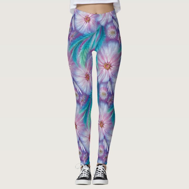Beautiful Feathers and Flowers Pattern Leggings (Front)