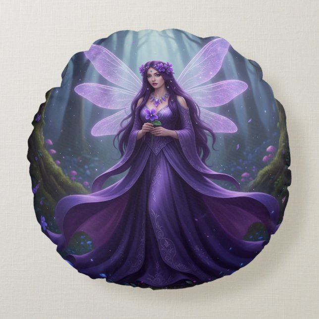 Beautiful February Amethyst Fairy Round Cushion (Front)