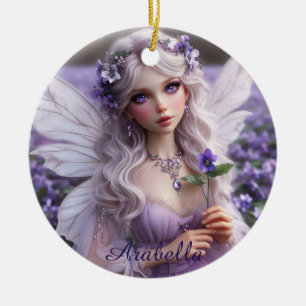 Beautiful February Fairy in Violets Ceramic Tree Decoration