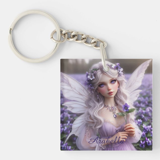 Beautiful February Fairy in Violets Key Ring (Front)