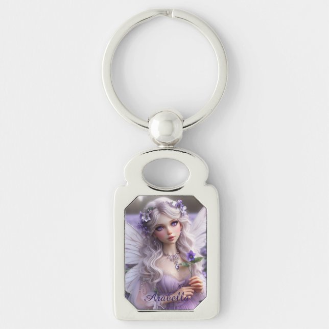Beautiful February Fairy in Violets Key Ring (Front)