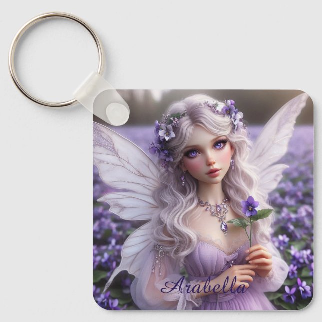 Beautiful February Fairy in Violets Key Ring (Front)