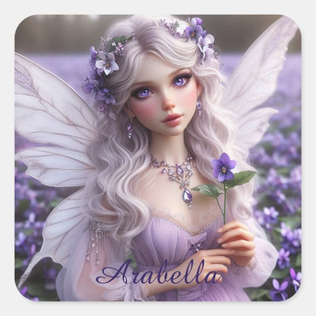 Beautiful February Fairy in Violets Square Sticker (Front)