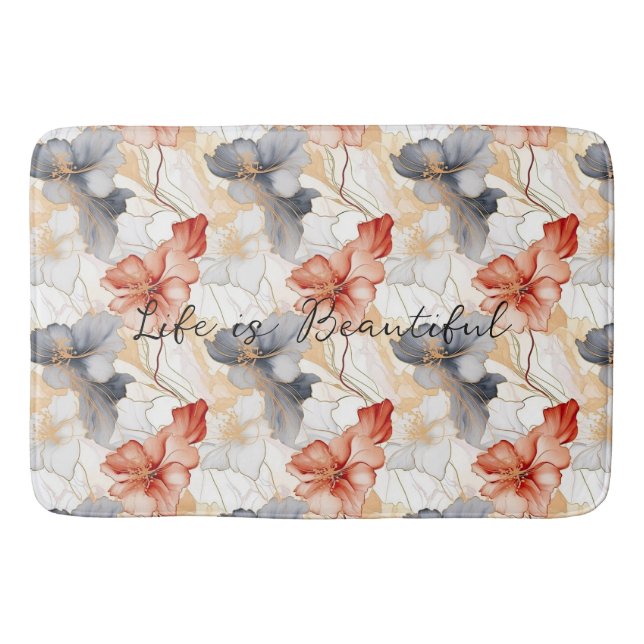 Beautiful Feminine Peach Blue and White Floral Bath Mat (Front)