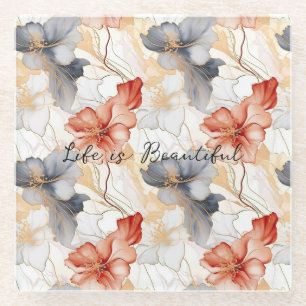 Beautiful Feminine Peach Blue and White Floral Glass Coaster