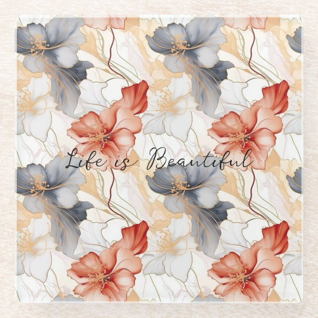 Beautiful Feminine Peach Blue and White Floral Glass Coaster (Front)